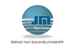 A blue and white logo of jm service